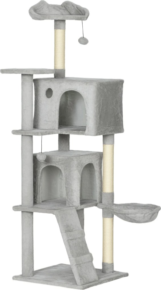 PawHut Drapak 160 cm, wielopoziomowy, słupy z sizalu, kryjówki, pluszowe platformy, hamak, drabinka, piłeczki do zabawy