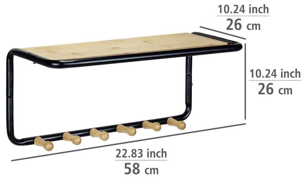 Półka ścienna z bambusowymi haczykami, 58 x 26 x 26 cm, Loft, WENKO