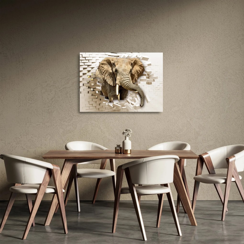 Obraz na szkle - słoń taranujący ścianę (70x50 cm)