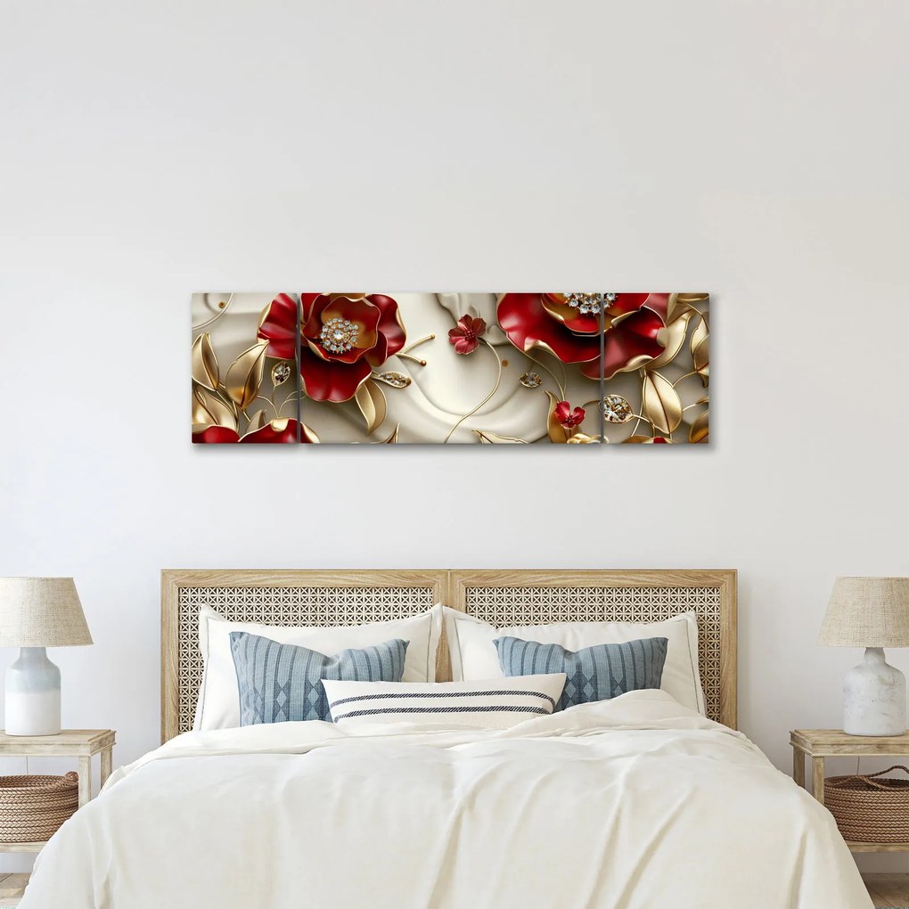 Obraz - 3D czerwono-złote kwiaty (170x50 cm)