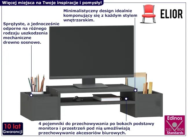 Szara półka na biurko z 4 pojemnikami Adis