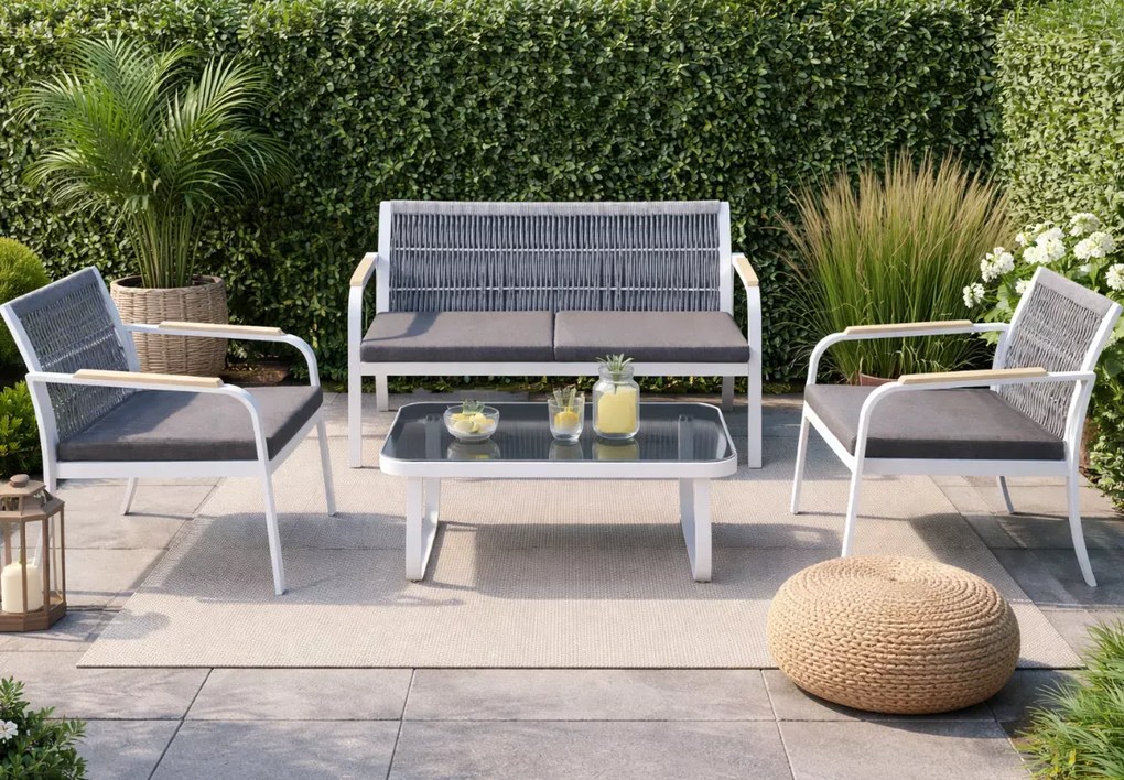 Zestaw mebli ogrodowych z aluminium Vento z plecioną liną - sofa, dwa fotele, stolik kawowy