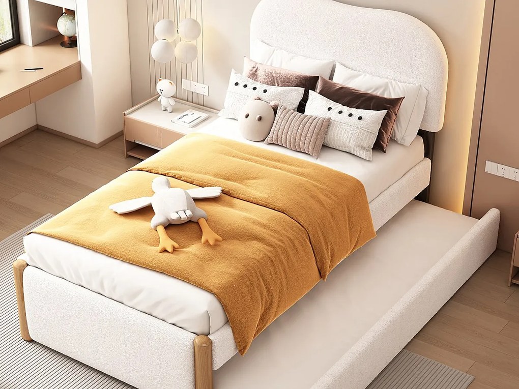 Łóżko wysuwane 90 x 200 cm + 90 x 190 cm - styl nowoczesny - tkanina pluszowa - stelaż z listew - białe