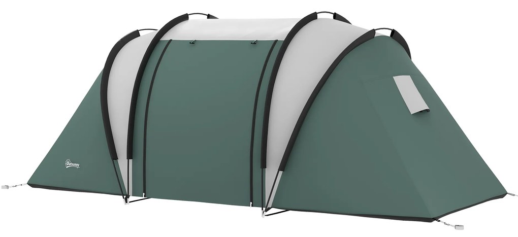 Outsunny Lekki Wodoodporny Namiot Kempingowy dla 4-5 Osób z 3 Pokojami, Boczne Drzwi, Okna, Ciemnozielony