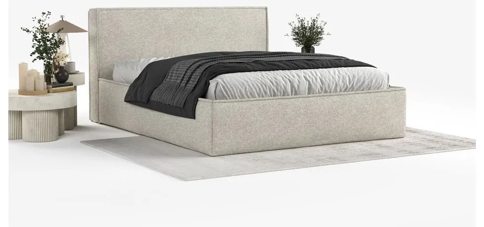 Beżowe tapicerowane łóżko dwuosobowe ze schowkiem i stelażem 200x200 cm Lounge L – Maison de Rêve