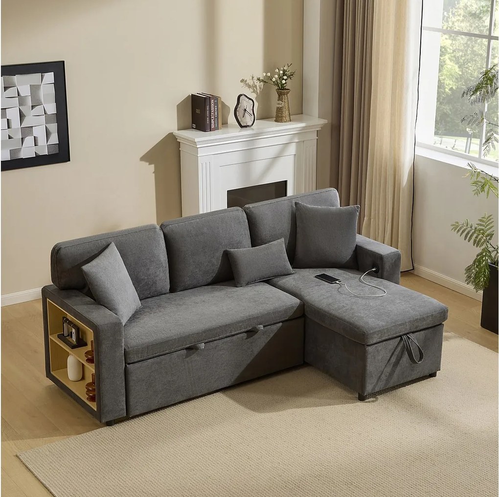 Rozkładana sofa narożna z funkcją spania - 90 x 180 cm - z miejscem do przechowywania i zintegrowaną półką - tkanina Oxford - szary