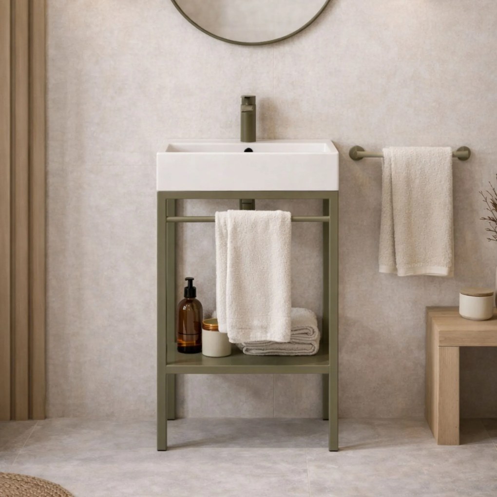 Zestaw umywalka z konglomeratu NAVI 50 x 45 cm + stojąca konsola NAVI Step | Różne kolory | Różne rozmiary : Kolor - Oliwkowy, Otwór na baterię - Bez otworów, Rozmiar - 60 x 45 cm