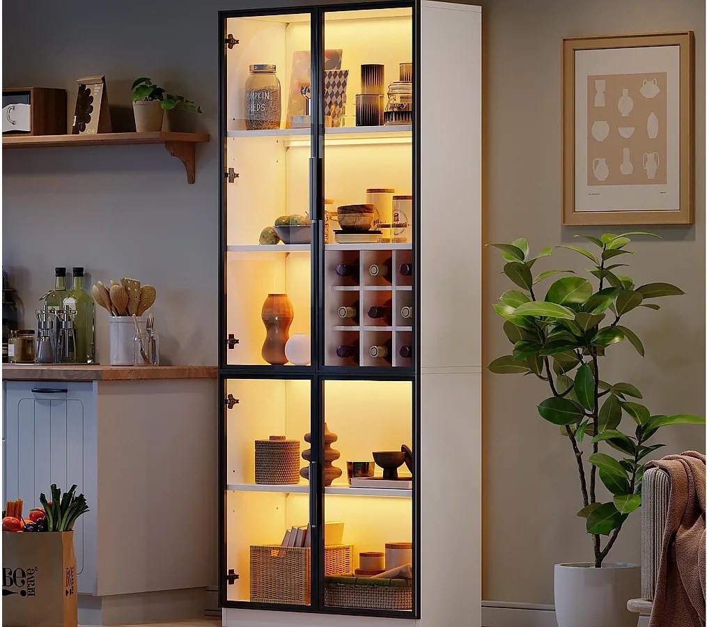 Witryna 80x35x200 cm - z oświetleniem LED - z przechowywaniem wina - 2 szklane drzwi - Biały