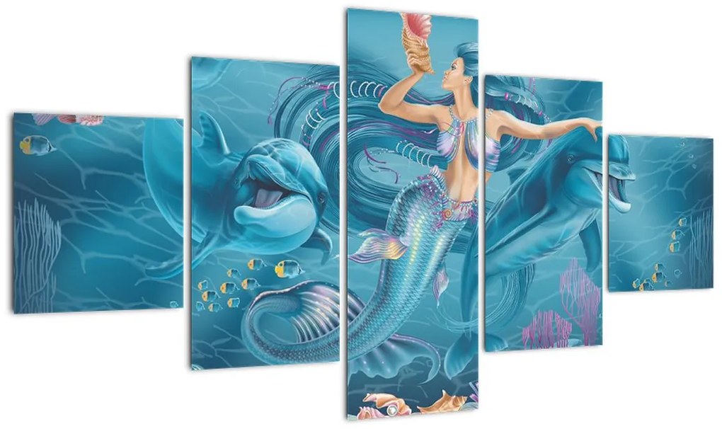 Obraz - Syrenka z delfinami (125x70 cm)