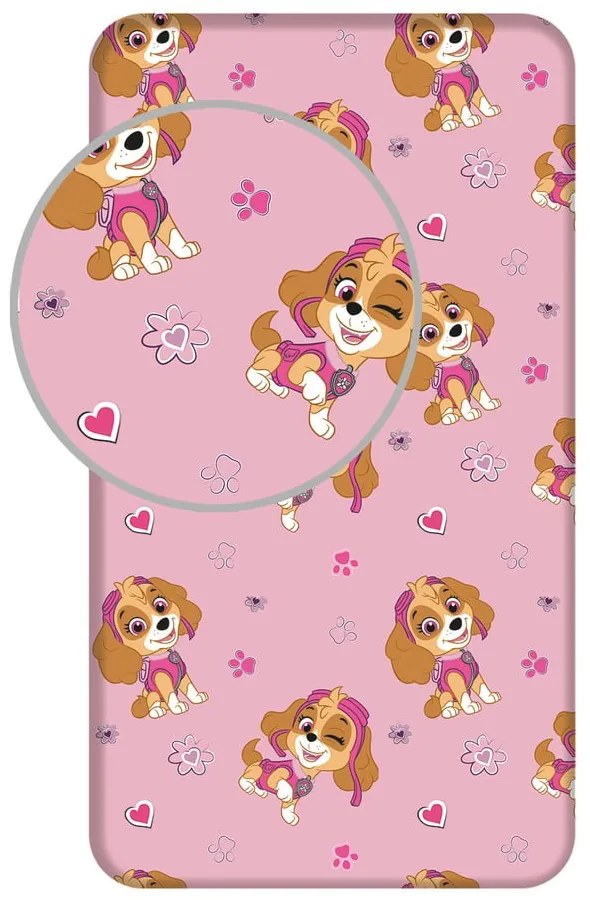 Różowe bawełniane prześcieradło dziecięce jednoosobowe z gumką 90x200 cm Paw Patrol – Jerry Fabrics
