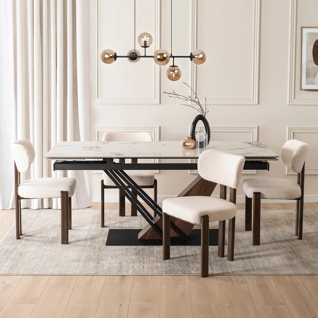 Zestaw Stół Rozkładany Ceramiczny REX 2 180-240 cm Biały Marmur/Orzech i 4 Krzesła Tapicerowane GRENADA Kremowe Nowoczesne