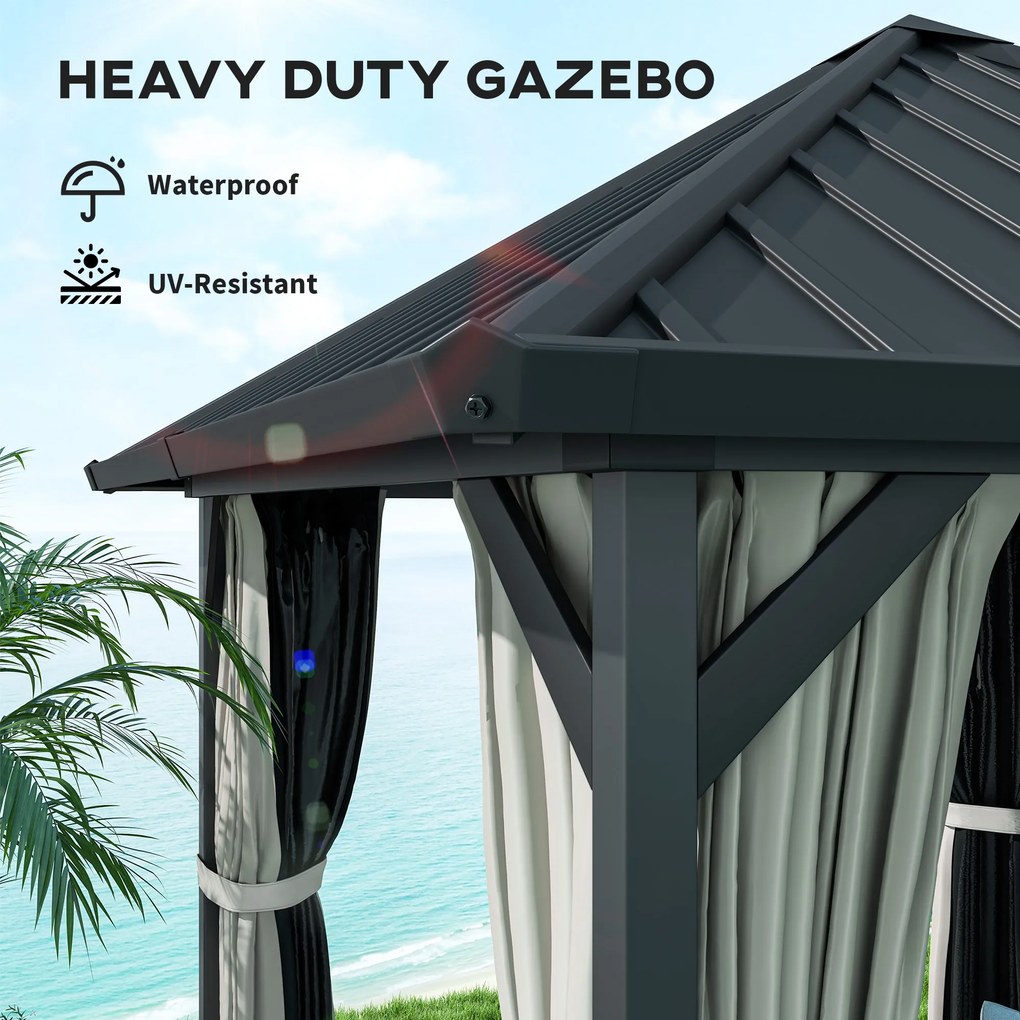 Outsunny 3 x 3 m Pawilon z Twardym Dachem, Ogrodowy Pawilon z Metalowym Dachem, Wodoodporne Namiot Ogrodowe z Siatką i Bocznymi Ścianami, Ciemnoszary