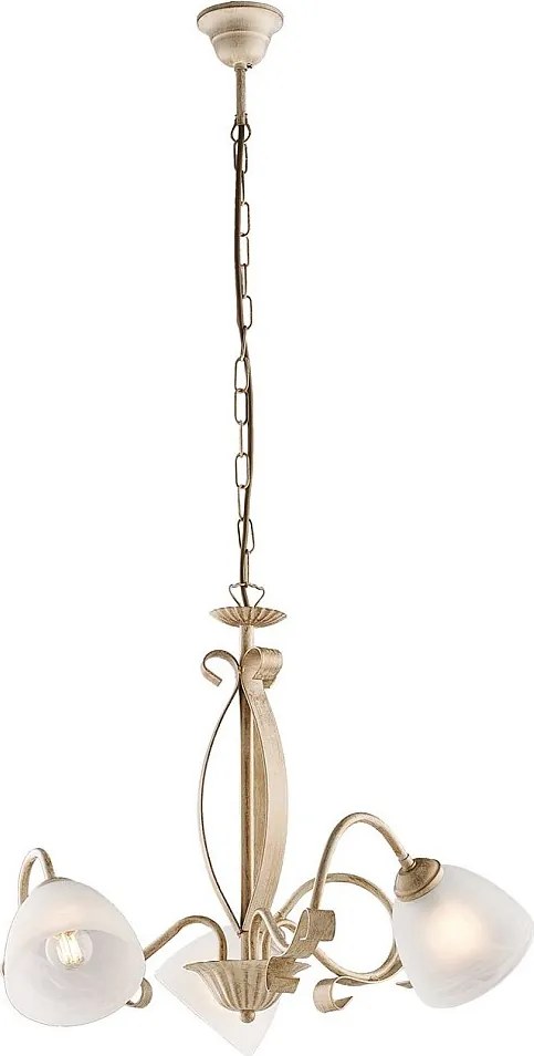 Kuty żyrandol z lakierowanego żelaza w kolorze kości słoniowej, dekor stare złoto, klosze z białego szkła alabastrowego Ø13 cm, 3 światła, Ø51 cm