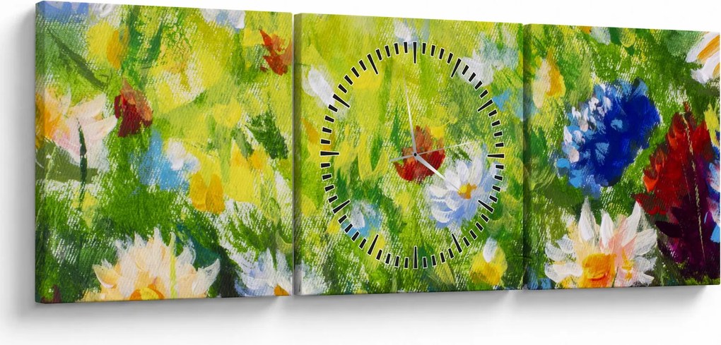Obraz kwitnącej łąki, obraz olejny (z zegarem) (90x30 cm)