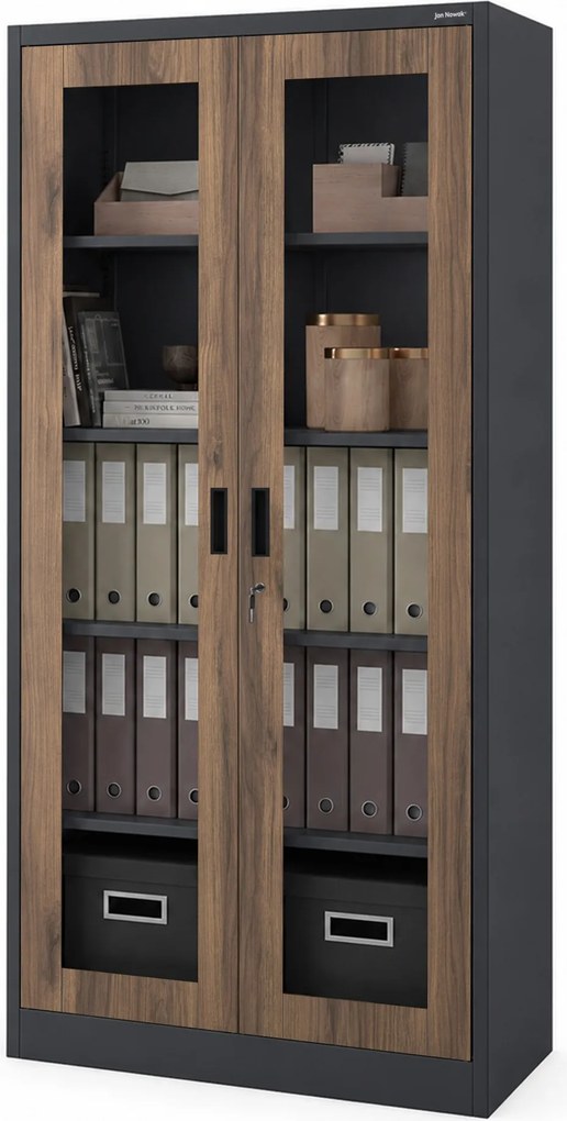 Witryna przeszklona metalowa wysoka z zamkiem antracytowa/orzech, 900x1850x400 mm: AMELIA Eco Design