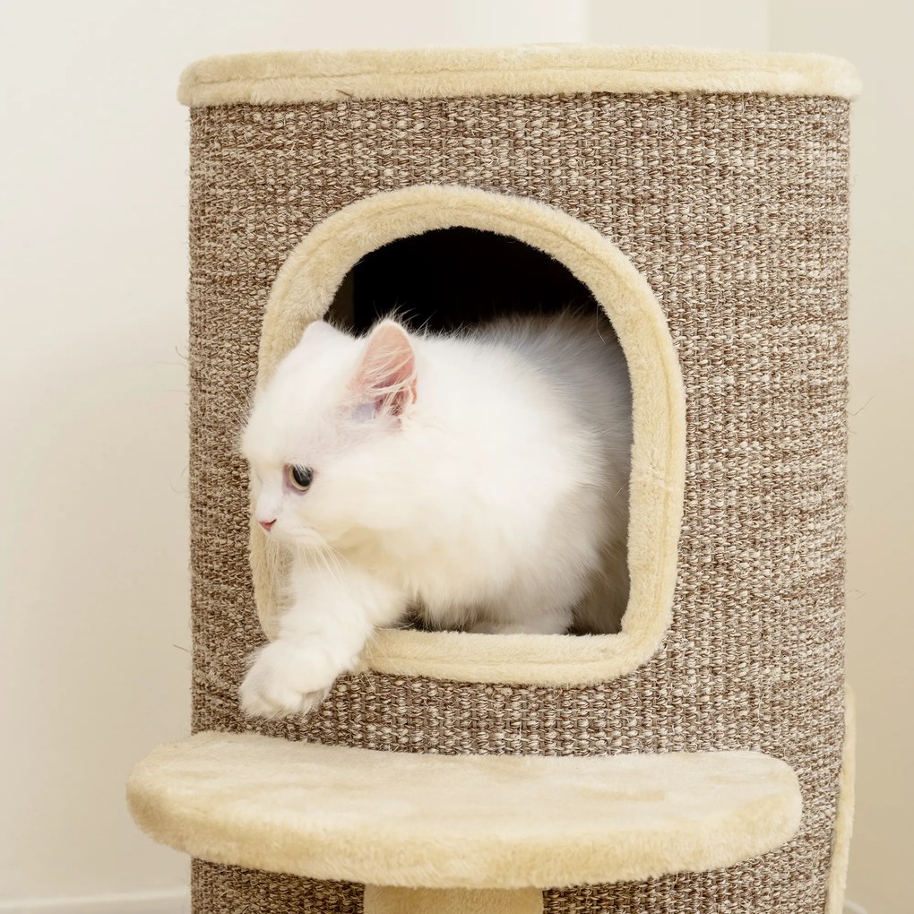 PawHut Beczka dla kotów, drapak 2-poziomowy, platforma do skoków, punkt obserwacyjny, mata do drapania, do odpoczynku i zabawy, beżowy