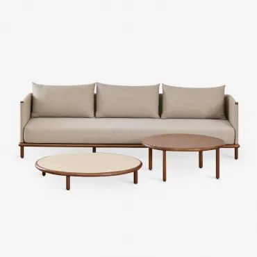 Zestaw Do Salonu Z 3-osobową Sofą I 2 Okrągłymi Stolikami Kawowymi Z Drewna Akacjowego Olivia Kremowa Semoline - - Sklum