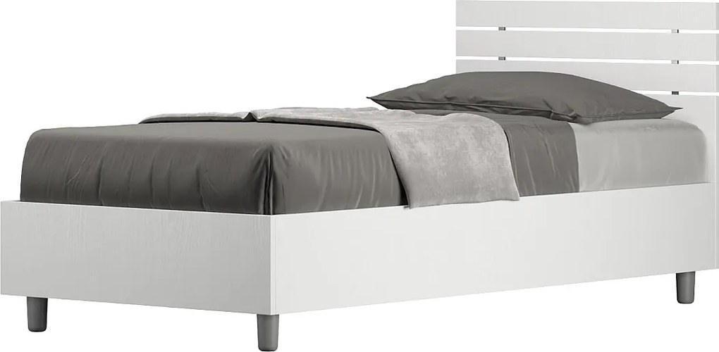 Łóżko pojedyncze z pojemnikiem na pościel 80x200 cm, zagłówek prosty z listwami, jesion biały Ankel