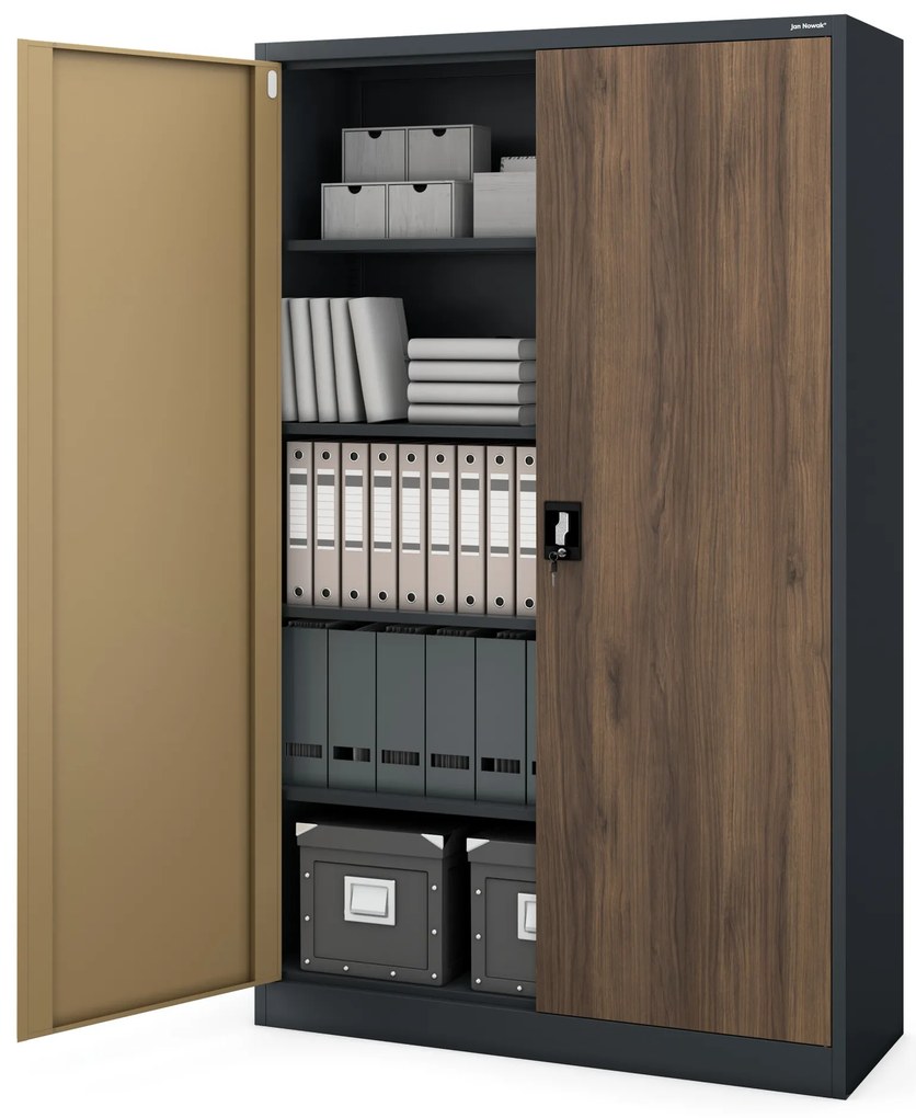Szafa biurowa metalowa na akta, szeroka, antracyt/orzech, 1150x1850x400 mm: JAN II Eco Design