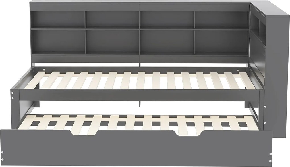Łóżko kanapowe 90x200cm z drewna - z łóżkiem wysuwanym 90x190cm i gniazdem USB - 10 przegród - Szary