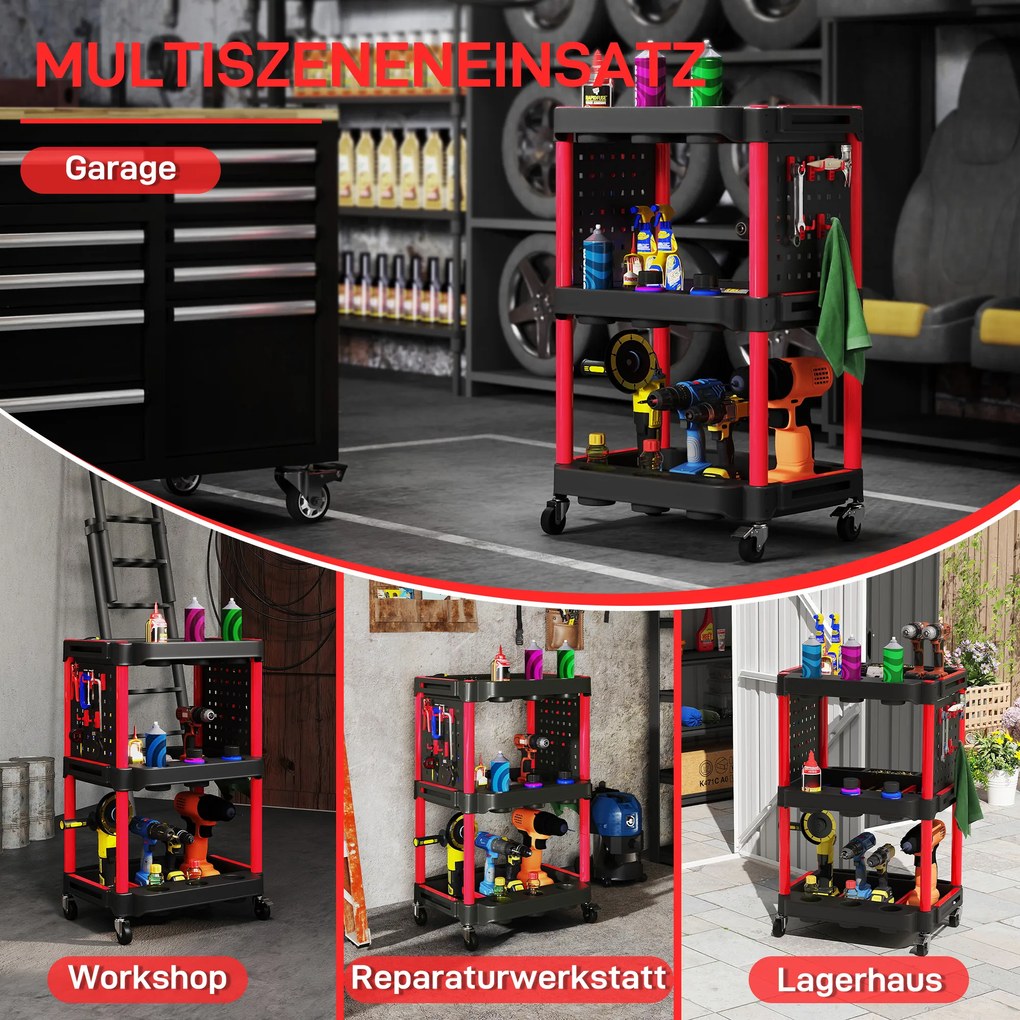 HOMCOM Wózek narzędziowy, trzy poziomy półek, 4 koła, plastik, 10 haków, Czerwony