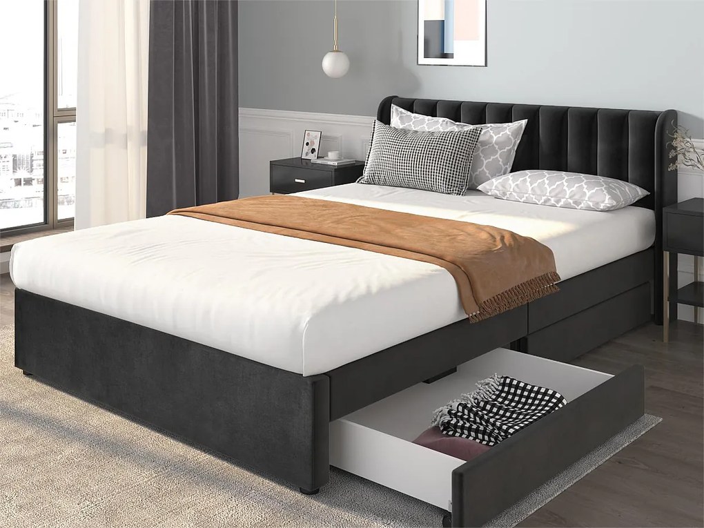 Łóżko z 2 szufladami - 140 x 200 cm - aksamit - stelaż listwowy - kolor czarny