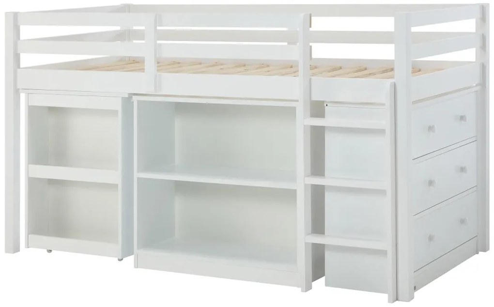 Łóżko piętrowe 90 x 190 cm ze schowkami i rozsuwanym biurkiem - Drewno sosnowe i MDF - Biały - ABRENO