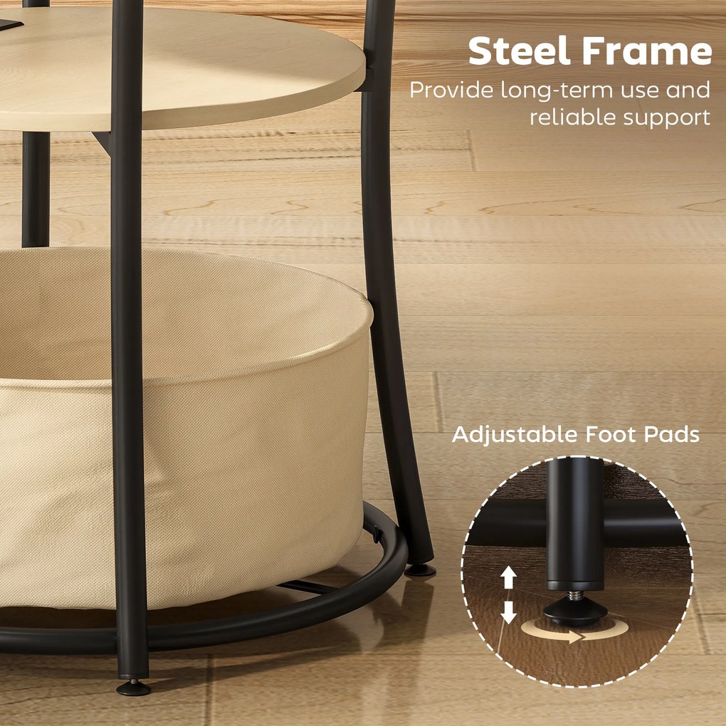 HOMCOM Stolik boczny 3-poziomowy z stacją ładującą, materiałową kieszenią, półką, 50x50x55,1 cm naturalne drewno