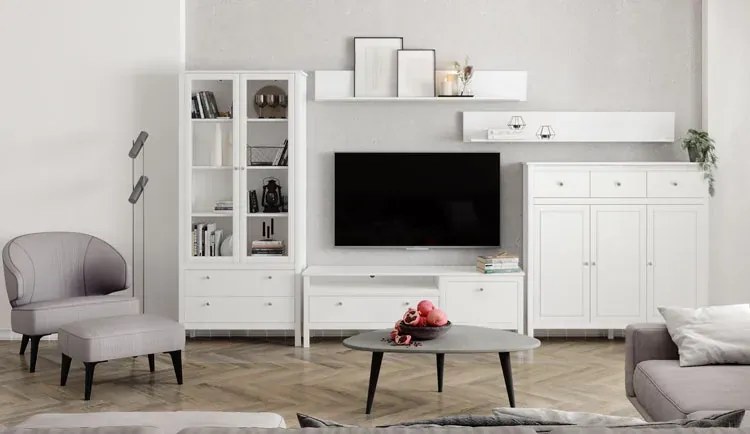 Biały zestaw mebli z witryną do salonu - Omaron 25X