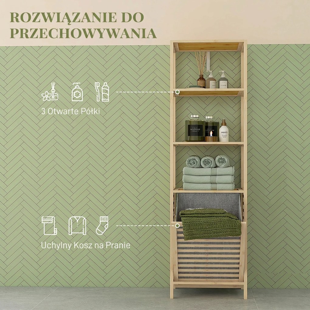 HOMCOM Regał łazienkowy z koszem na pranie, 3 półki, rama z bambusa, 44x33x160 cm, Naturalny