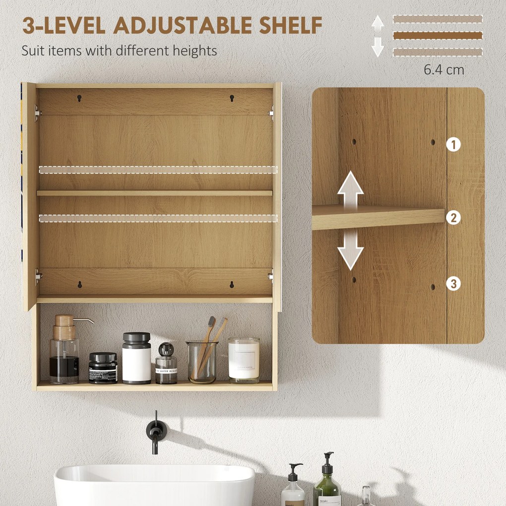 HOMCOM szafka łazienkowa z lustrem, drzwi z lustrem, otwarta półka, montaż na ścianie, MDF, płyta wiórowa, dąb