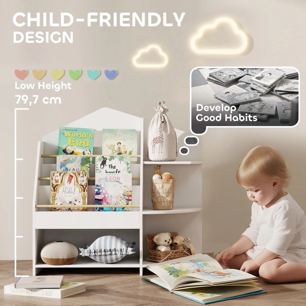 AIYAPLAY Regał dziecięcy z 7 półkami na książki i zabawki, zaokrąglone krawędzie, udźwig 40 kg, Biały