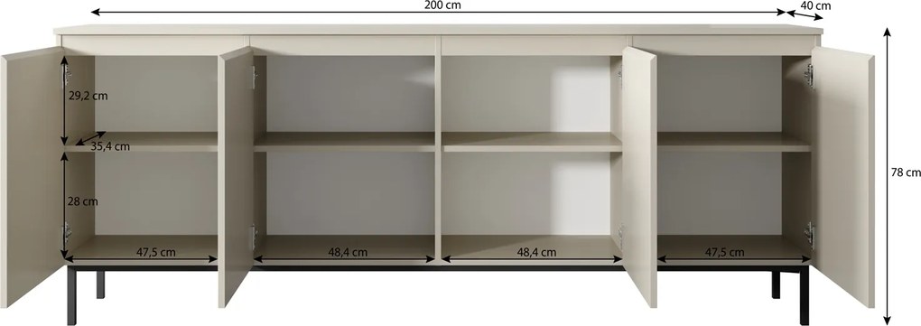 Kaszmirowa komoda do salonu Silk 4-drzwiowa, szer. 200 cm