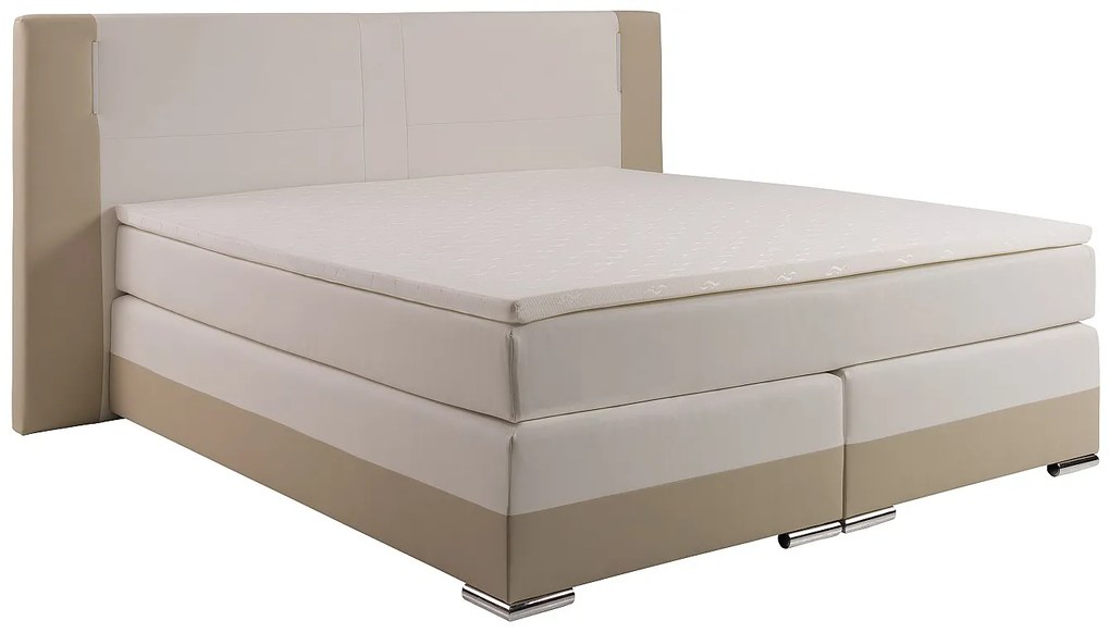 Zestaw łóżko kontynentalne z zagłówkiem i oświetleniem LED + stelaże + materac + nakładka na materac - 200 x 200 cm - Ekoskóra - Kremowy i biały - ASTI marki DREAMEA