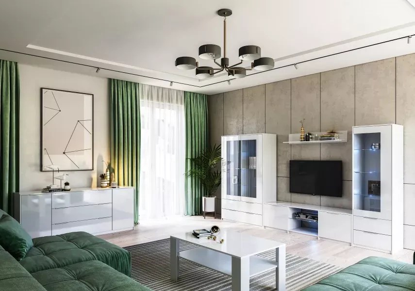WYSOKA DUŻA KOMODA BIEL WYSOKI POŁYSK LAKIER SALON