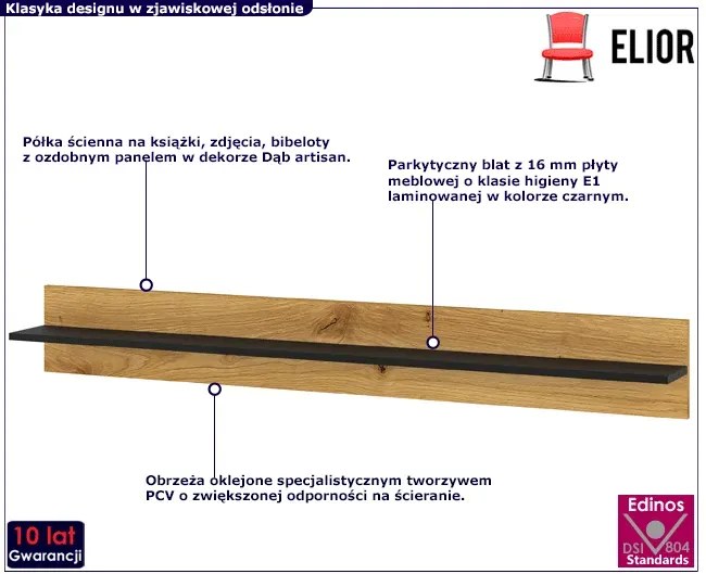 Półka wisząca 151 cm czarna + dąb artisan Likoro