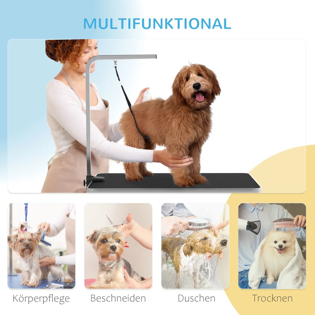 PawHut Stół do Pielęgnacji Psów z Regulowanym Ramieniem, Półką, Antypoślizgową Powierzchnią, 90 x 60 x 76 cm, Czarny