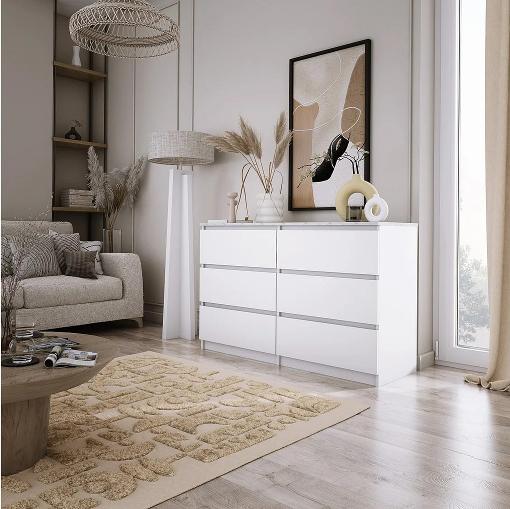 Komoda z 6 szufladami: biała matowa / górna, marmurowa, biała, 120 x 78,5 x 39 cm