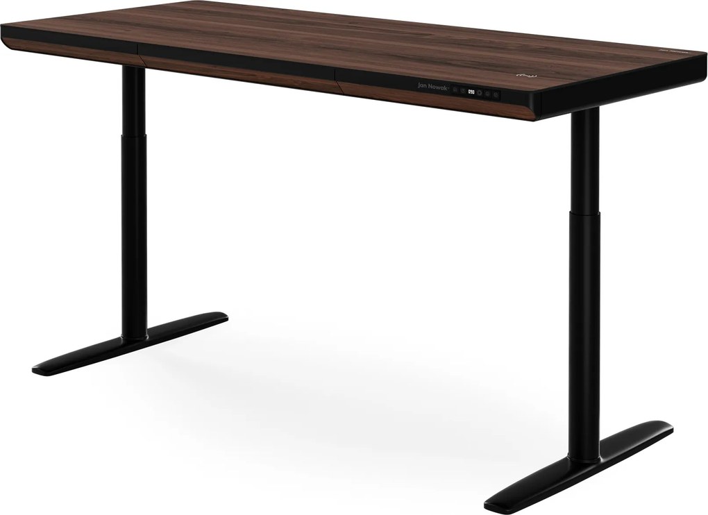 Biurko elektryczne sit-stand z szufladą i ładowarką bezprzewodową Qi czarne/orzech, 1600 mm: ELLIS