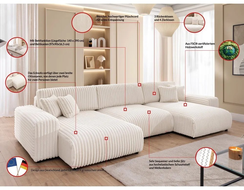 Kremowy sztruksowy rozkładany narożnik ze schowkiem (w kształcie litery U) Sarina – Ropez