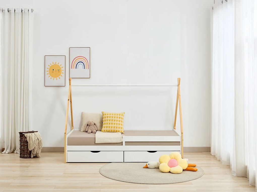 Łóżko tipi 90 x 190 cm z szufladami - Drewno sosnowe i MDF - Biały i naturalny - LUANCO