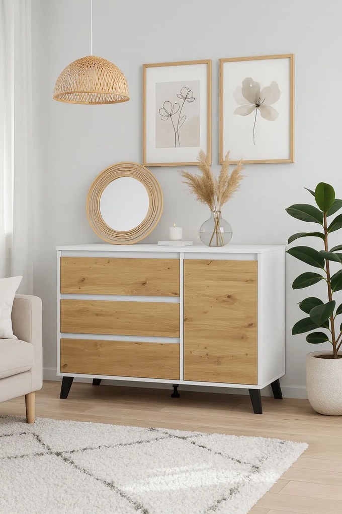 Skandynawska komoda z szafką i szufladami biały + dąb artisan L9-N52