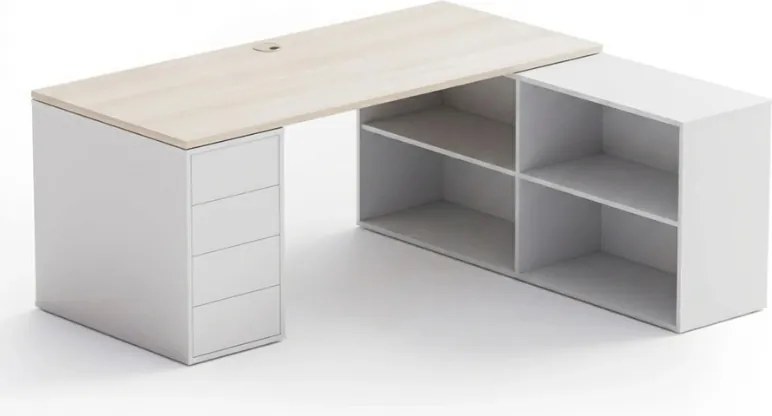 Biurko z przestrzenią do przechowywania BLOCK B04, 180x160 cm, biały/dąb naturalny