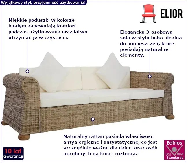 Brązowa 3-osobowa sofa z rattanu - Asha