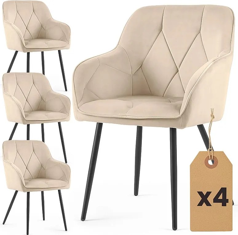 4x Welurowe krzesło tapicerowane pikowane Beżowe DIAMANTE Czarne nogi