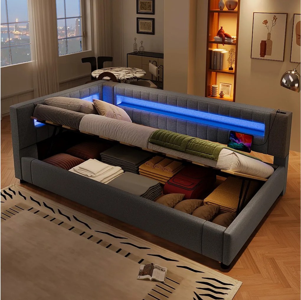 Łóżko tapicerowane ze schowkiem - 90 x 200 cm - z diodami LED + USB + Type-C + schowek hydrauliczny - len + MDF - szare