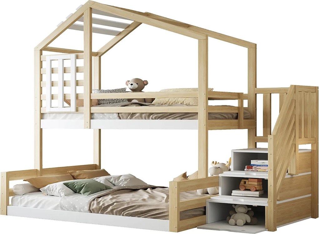 Łóżko piętrowe 90x200cm + 140x200cm z litego drewna - z barierkami i schodami do przechowywania - Białe i Naturalne