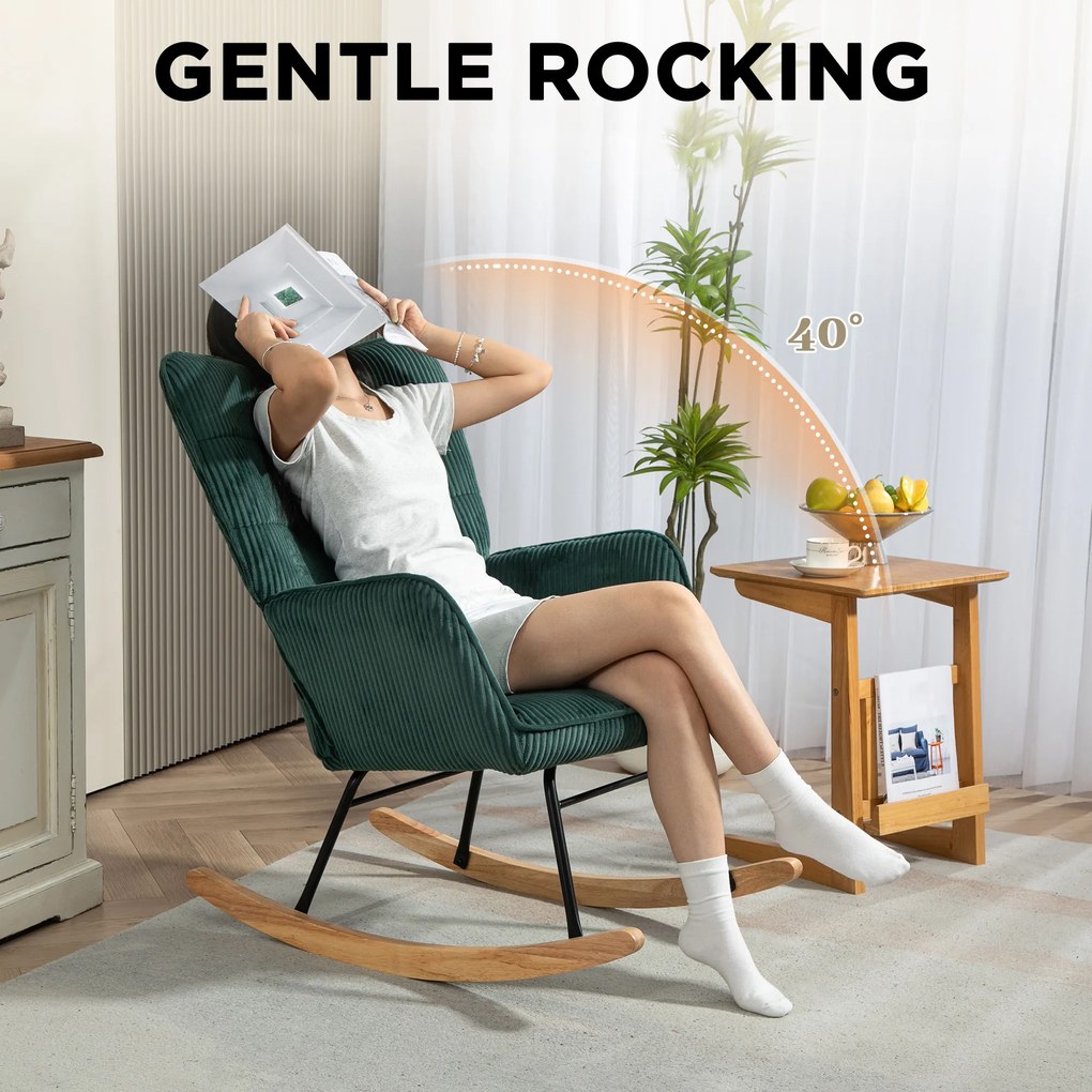 HOMCOM Fotel bujany, Płózki z drewna bukowego, Grube tapicerowanie, Ciemnozielony, do 120 kg