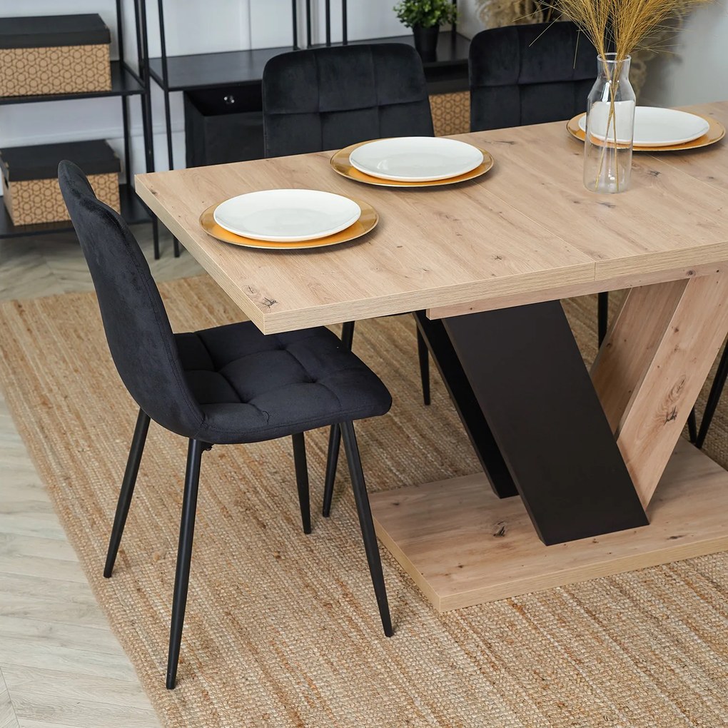 Zestaw Stół Prostokątny Rozkładany CLARK 120-160 cm Dąb Artisan/Czarny i 4 Krzesła Tapicerowane do Jadalni PERU Czarne Welurowe