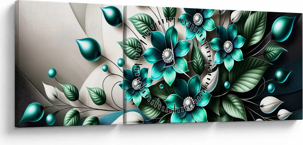 Obraz - 3D turkusowe kwiaty (z zegarem) (90x30 cm)